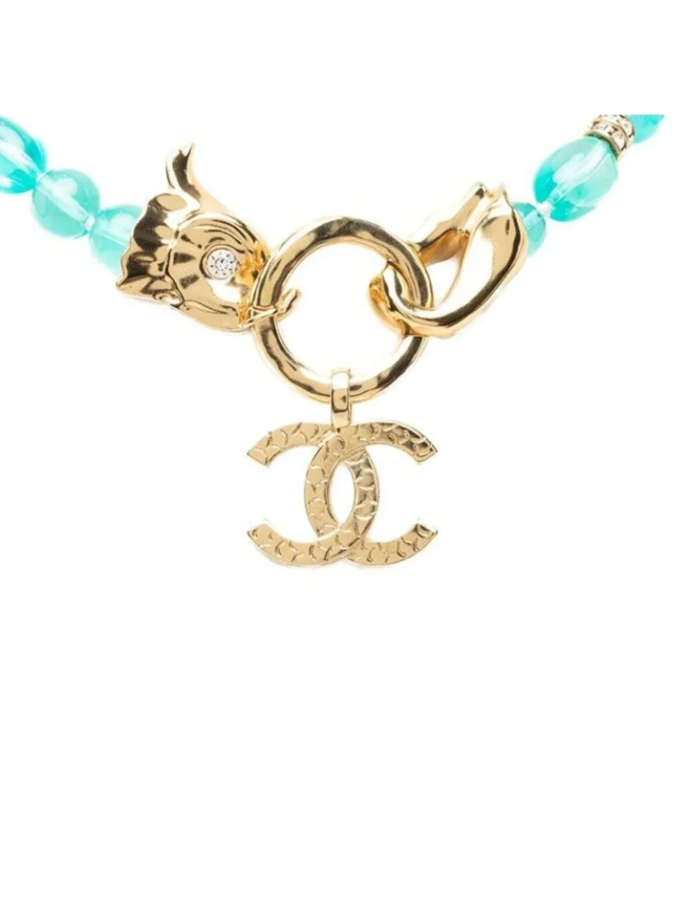 Chanel CC Logo Necklace Gold Blue Plated Rhinestone